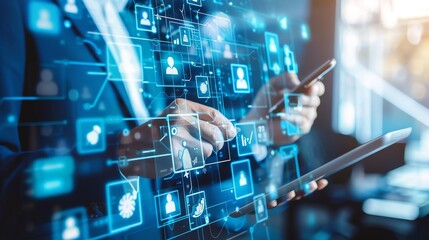 Person using tablet and smartphone with digital interface overlay.