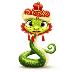 Fototapeta premium no-legged snake, green snake wearing red lion dance hat, tail crossed on ground, cute, cartoon, vector, illustration, white background, Lunar New Year, isolated on a white background, ai