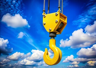 Fototapeta premium Candid Photography of a Yellow Crane Hook Against a Bright Blue Sky, Capturing the Industrial Aesthetic and Vibrant Contrast of Construction Equipment in Action