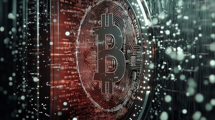 Close-up of digital bitcoin symbol on futuristic circuit board background representing blockchain technology and virtual cryptocurrency transactions concept art