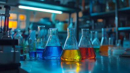 A vibrant chemistry lab with colorful solutions in beakers and Bunsen burners.