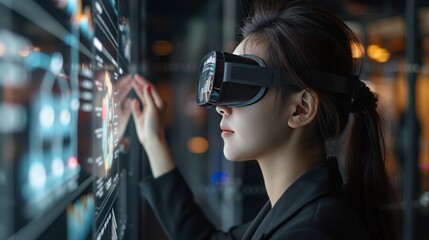 Woman is utilizing advanced virtual reality technology for analyzing data in a futuristic hightech environment