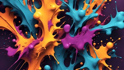Vibrant blue, orange, and purple paint splatters on a dark background.