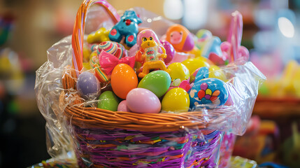 A vibrant Easter gift basket filled with colorful eggs candy and small toys wrapped in cellophane.