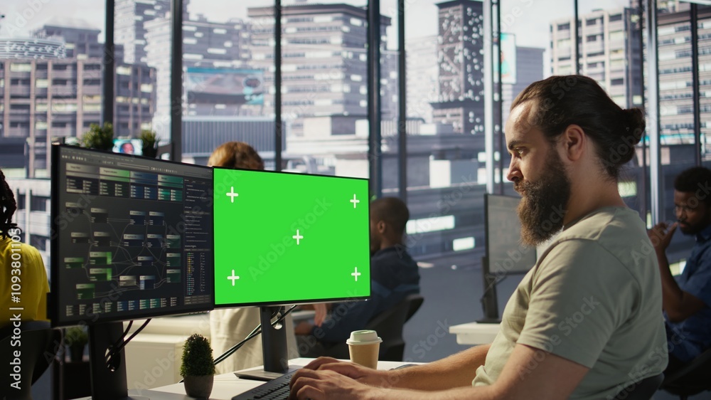 Poster man working with machine learning tech on green screen computer, advancing ai innovating autonomous 