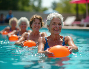 A group of senior women participating in water aerobics class, smiling and holding orange floatation devices in a pool. Emphasizes fitness