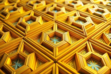 Obraz premium Captivating 3D Render of a Repeating Yellow Geometric Pattern with Tilt-Shift Photography Techniques for Visual Impact and Artistic Appeal in Modern Design Projects