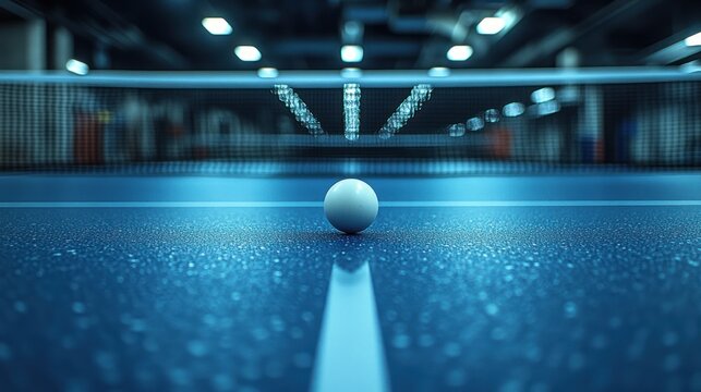 Single white ping pong ball on blue table.