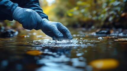Scientists collecting water samples on world water monitoring day streamside environmental research nature close-up