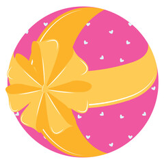 Pink round gift box with yellow bow and heart details, Vector