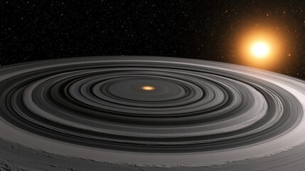 Fototapeta premium Surreal Planetary Landscape with Concentric Rings and a Distant Sun Illuminating a Cosmic Scene in Space