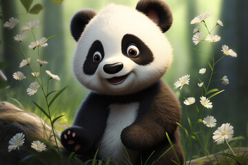 Obraz premium cartoon panda and white flowers, 