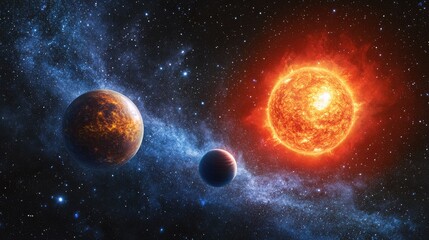 Obraz premium Stunning Space Scene Featuring Colorful Planets and a Bright Sun in a Starry Galaxy Background Depicting Cosmic Beauty and Celestial Phenomena