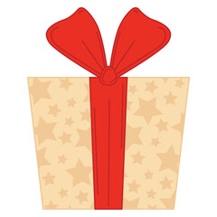 Beige gift box with red bow and star patterns, Vector