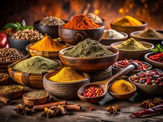 Fototapeta premium Captivating Assortment of Spices in Rustic Bowls on Dark Background, Emphasizing Texture and Color in Low Light Photography for Culinary Enthusiasts and Food Lovers