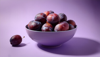 Fototapeta premium Fresh Plum in a bowl on Pastel plum purple background