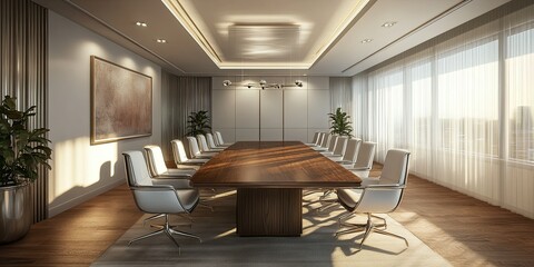 Fototapeta premium white grey modern meeting room with, wooden floor, brown long conference table and luxury chairs 