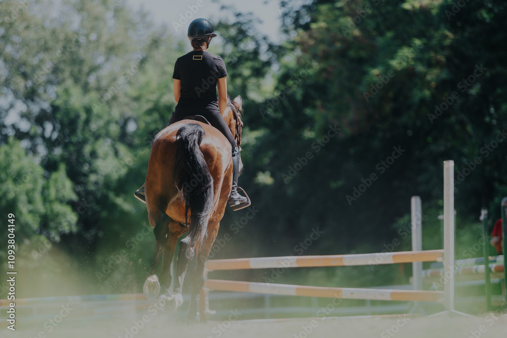 Fototapete a rider participates in an equestrian class, navigating a course on a sunny day. the scene captures 