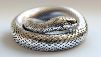 Fototapeta premium Realistic metallic snake sculpture with intricate scales coiling gracefully, showcasing artful design, elegance, and unique craftsmanship in a striking silver finish