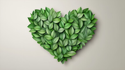 Heart-shaped arrangement of green leaves, symbolizing love and nature, artistic concept, copy space