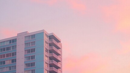 Fototapeta premium Pink and blue toned building against a pastel sunset sky