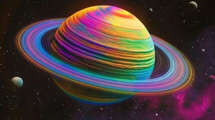 Colorful Cosmic Planet with Rings Surrounded by Celestial Bodies in a Vibrant Universe Depicting a Dreamlike Interstellar Landscape