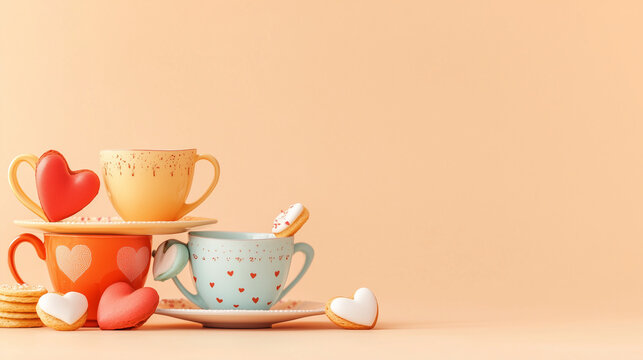 cups of tea with heart shaped biscuits 