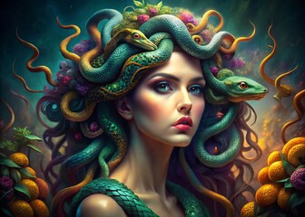 Captivating Candid Photography of a Mythical Medusa with Serpent Hair Amidst Enigmatic Backgrounds, Evoking Mystery and Intrigue in a Magical Realm