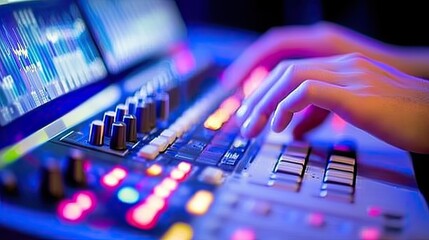 Close-Up of Hands on a Digital Audio Mixer Controller with Colorful LED Lights and Waveform Display for Modern Music Production and Sound Engineering