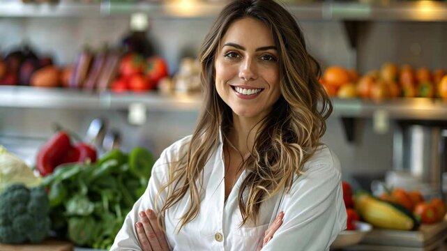A woman stands confidently in a bright kitchen surrounded by a variety of fresh vegetables and fruits, promoting healthy cooking practices and lifestyle choices.