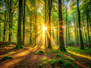 Obraz premium Captivating Candid Photography of Sun Rays Filtering Through Lush Green Trees in a Serene Forest Setting, Inviting Nature Lovers to Experience the Beauty of Natural Light