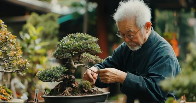 Elderly man carefully tending to a bonsai tree in a garden