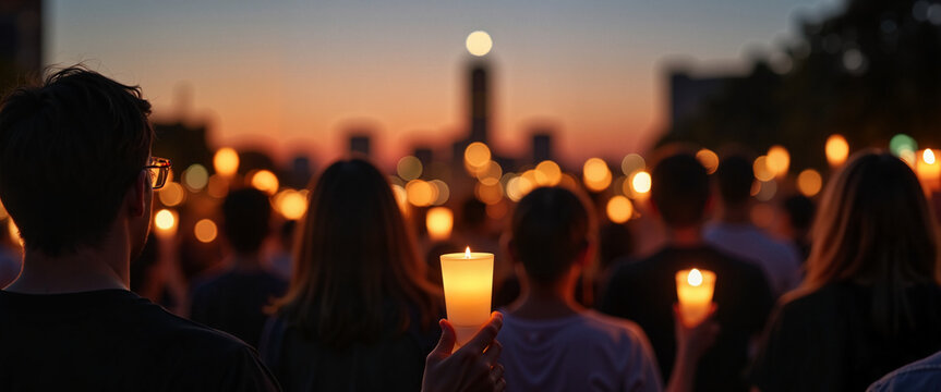 People holding candles at sunset cityscape vigil