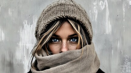 Fototapeta premium Serene Intimate Portrait of a Woman with Piercing Blue Eyes in Chunky Knit Scarf – Perfect for Sporty Interior Décor Posters