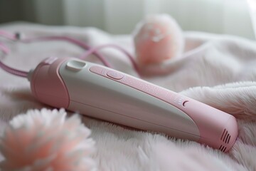 Pink and white cordless epilator device placed on a soft blanket, showcasing beauty and personal care technology