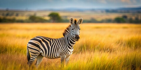 Naklejka premium Captivating Close-up of a Young Zebra in Natural Habitat Emphasizing Rule of Thirds, Showcasing Unique Stripes and Playful Behavior in a Lush African Landscape