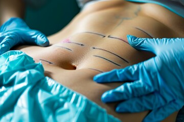 Surgeon is preparing patient's abdomen for surgery drawing black lines with marker