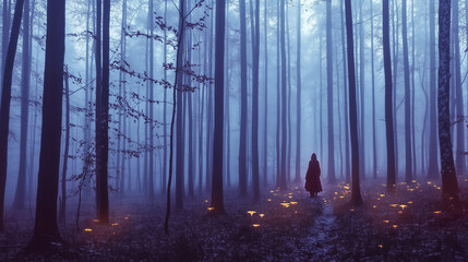Naklejka premium Mysterious wanderer in enchanting foggy forest illuminated by bioluminescent mushrooms during Earth Day celebration