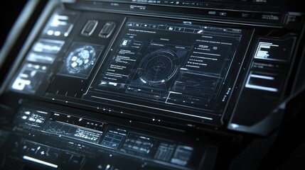 Fototapeta premium Futuristic Control Interface with Interactive Dashboard Displays and Data Visualizations, Ideal for Science Fiction and Technology Themes in Digital Art Projects