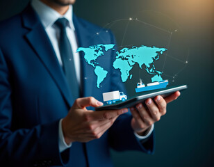 A businessman holds a digital tablet showing a world map with truck and ship icons, symbolizing global logistics and transportation.