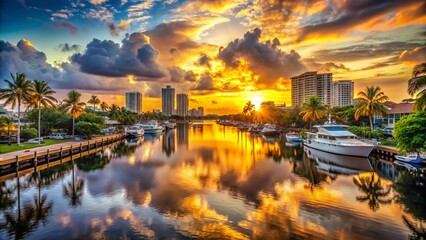 Captivating Double Exposure of a Golden Sunset Over the Intercoastal Waterway in Fort Lauderdale, Florida, Blending Nature and Urban Beauty for Stunning Visual Impact