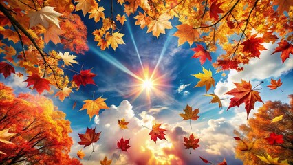 Captivating Double Exposure of Autumn Leaves Cascading Through a Clear Blue Sky with Sun Glare, Symbolizing the Essence of Fall and Nature's Beauty in a Dreamlike Composition