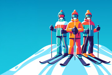 illustration in flat realistic style of people in ski gear standing on a snowy slope, vibrant colors and excitement associated with skiing and outdoor winter sports. adventurous day on the slopes,