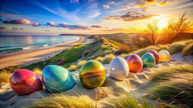Captivating Double Exposure of Easter Eggs in the Dunes of Nordstrand, R&uuml;gen, Blending Nature's Beauty with Holiday Cheer and Tranquil Coastal Landscapes