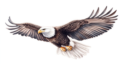 Fototapeta premium Majestic bald eagle soaring in flight with wings spread on a white background