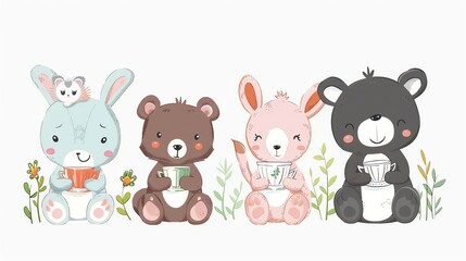 Obraz premium Four cute animals holding cups.