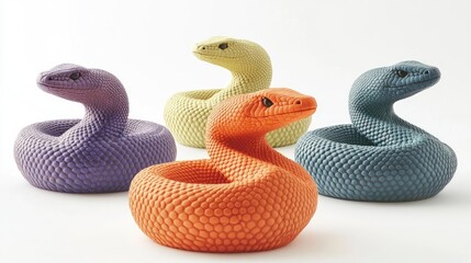 Fototapeta premium Colorful Decorative Snakes in Bright Shades of Orange, Purple, Green, and Blue with Detailed Texture for Modern Home or Office Décor, Playful and Unique Design Piece