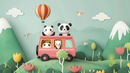 Obraz premium A cartoon scene of a pink bus with pandas going on a trip with a hot air balloon in the background.