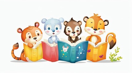 A group of cute animals reading books.