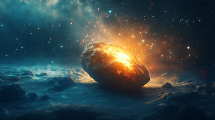 luminous asteroid drifts through the cosmos, casting a soft glow against the vast, dark backdrop of space, symbolizing exploration, mystery, and the endless potential of the universe